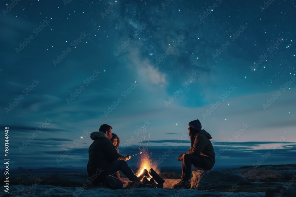 Friends Enjoying a Starry Night Sky by a Campfire in a Remote Wilderness Escape