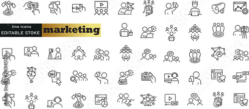 Digital marketing icons set. Content, search, marketing, ecommerce, seo, electronic devices, internet, analysis, social and more line icon.