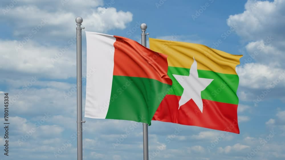Myanmar aka Burma and Madagascar two flags waving together, looped video, two country relations concept Myanmar aka Burma and Madagascar two flags waving together, looped video, two country relations concept