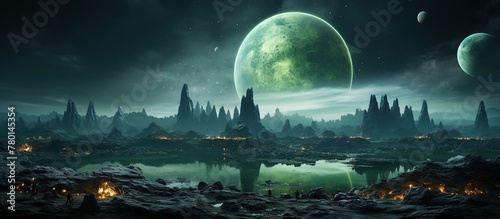 Fantasy landscape with green planet. photo
