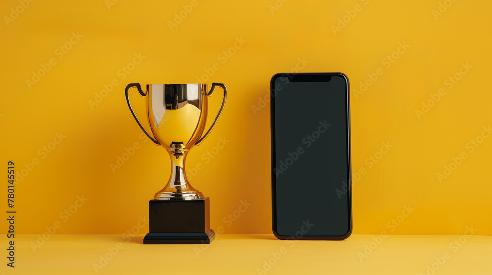 trophée en or à côté d'un smartphone avec un écran vide, pour la meilleure application mobile, fond jaune - obrazy, fototapety, plakaty 