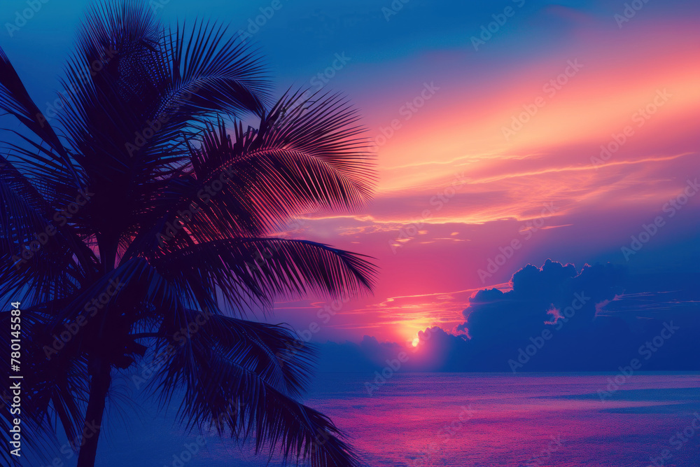 Tropical Sunset with Palm Silhouette