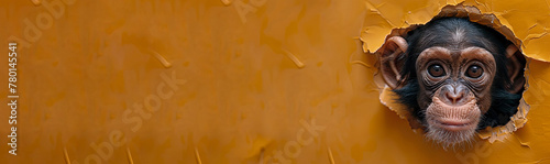 Banner with chimpanzee head peeking through a hole in yellow paper wall. photo