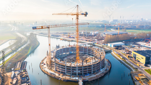 Construction Site with Multiple Cranes and Buildings Under Development photo