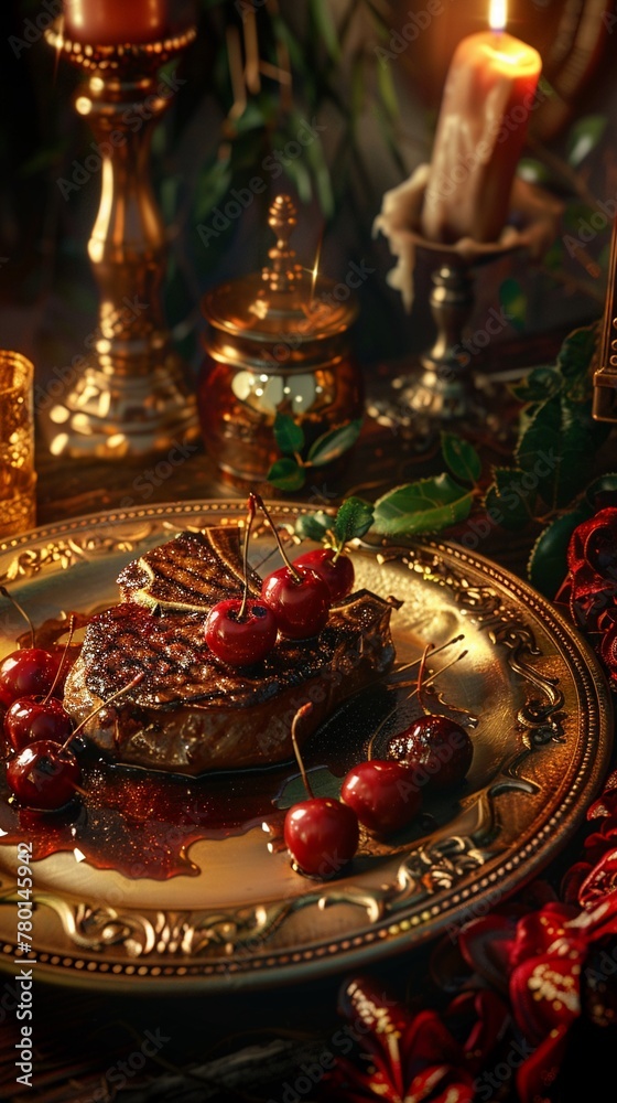Wizard's banquet, steak and cherries on golden plate, candlelight, low angle, medieval painting