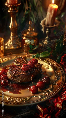 Wizard's banquet, steak and cherries on golden plate, candlelight, low angle, medieval painting