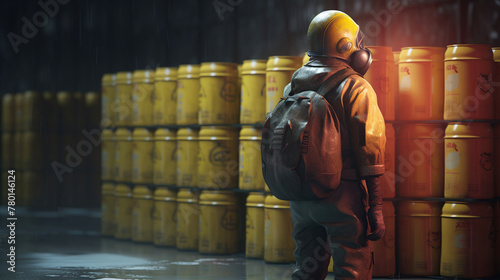 Chemical worker carrying canisters with hazardous materials