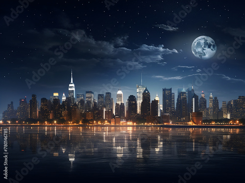 New York City's skyline under the moonlight creates a mesmerizing scene