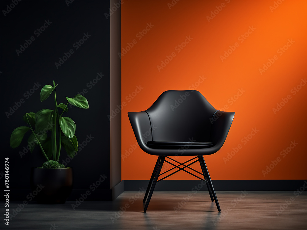 Fototapeta premium Black chair contrasts with the orange hues of the modern interior