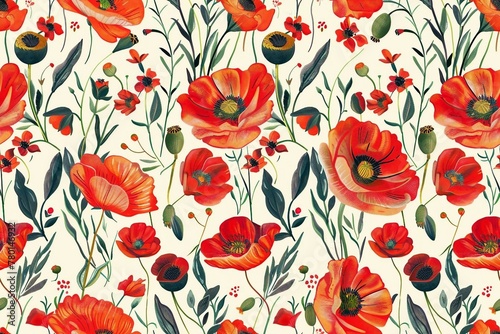 Seamless pattern with vibrant red poppie floral . wildflower pattern for nursery decoration. . 