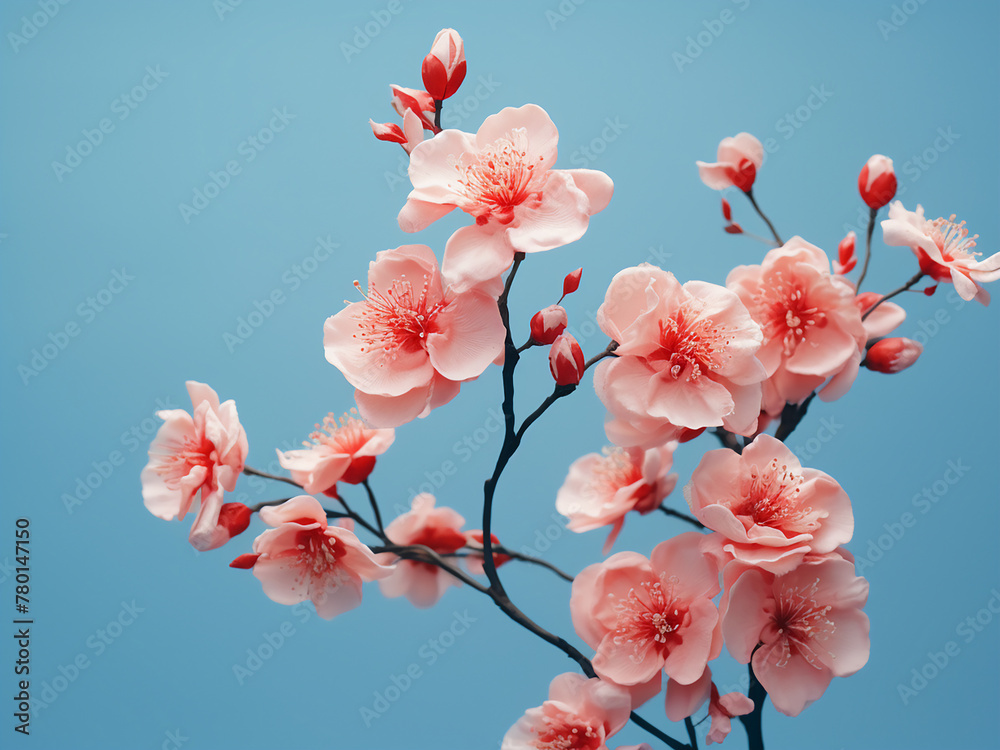 Coral-pink blossoms arranged delicately on a pastel blue canvas exude a festive aura