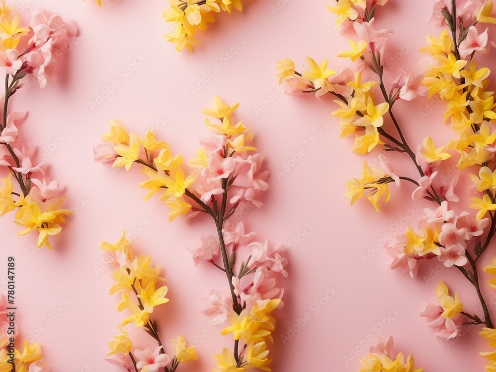 Pink pastel background adorned with a pattern of yellow forsythia flowers Pink pastel background adorned with a pattern of yellow forsythia flowers