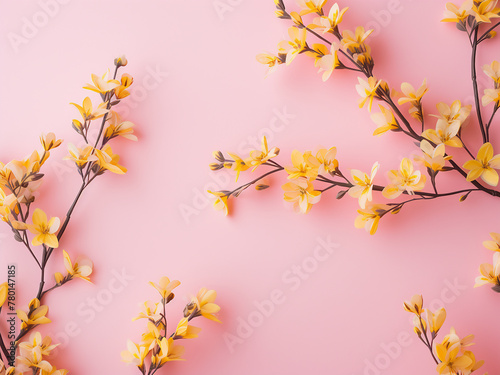 Yellow forsythia flowers form a pattern against a soft pink pastel background