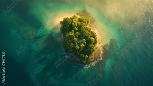 A small remote island situated in the vast ocean, visible from an aerial perspective © tashechka