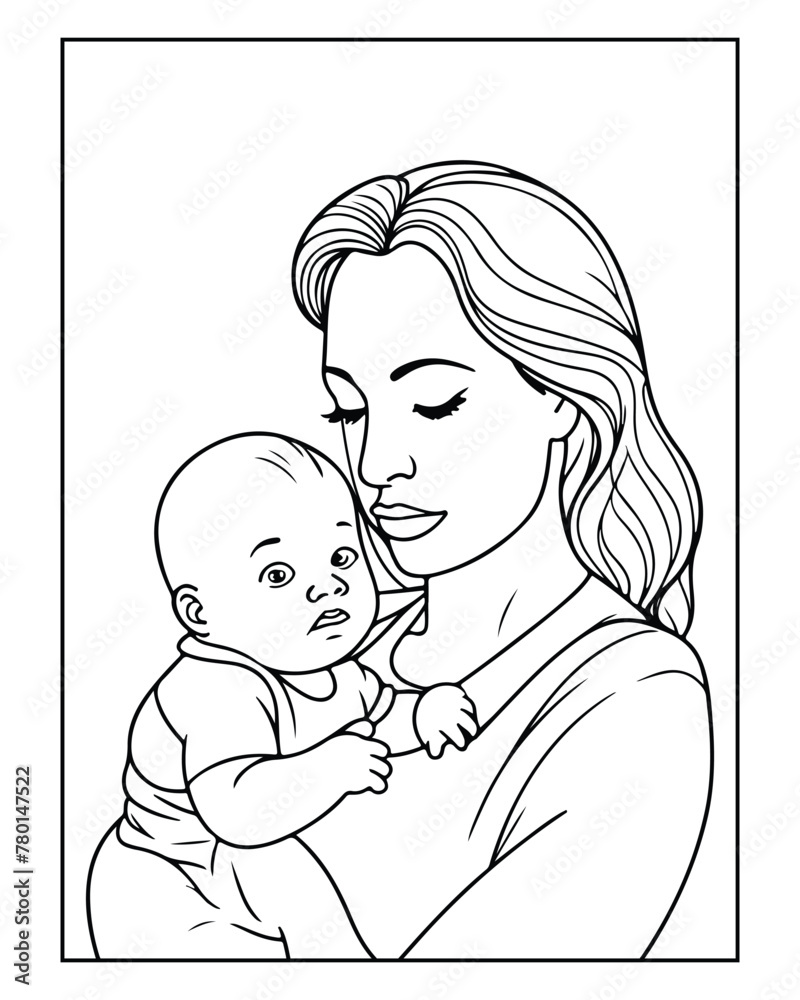 Happy Mother's day coloring page illustrations, Cute kawaii mother holding his child, cartoon character, Mother's day black and white vector Happy Mother's day coloring page illustrations, Cute kawaii mother holding his child, cartoon character, Mother's day black and white vector