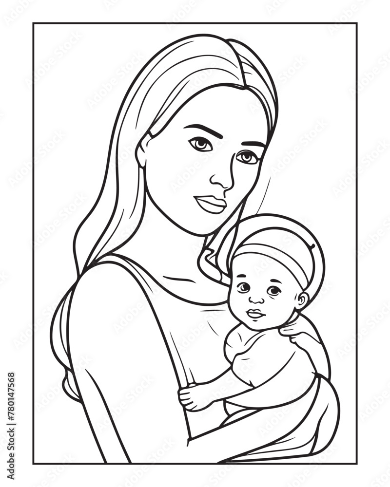 Happy Mother's day coloring page illustrations, Cute kawaii mother holding his child, cartoon character, Mother's day black and white vector Happy Mother's day coloring page illustrations, Cute kawaii mother holding his child, cartoon character, Mother's day black and white vector