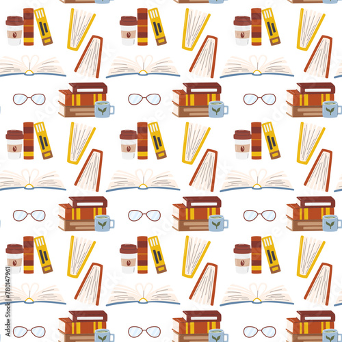 Different books seamless pattern isolated on white. Stack of textbooks with tea mug. Office folders with coffee cup and eyeglasses. Packing paper. World Book Day hand drawn flat vector illustration