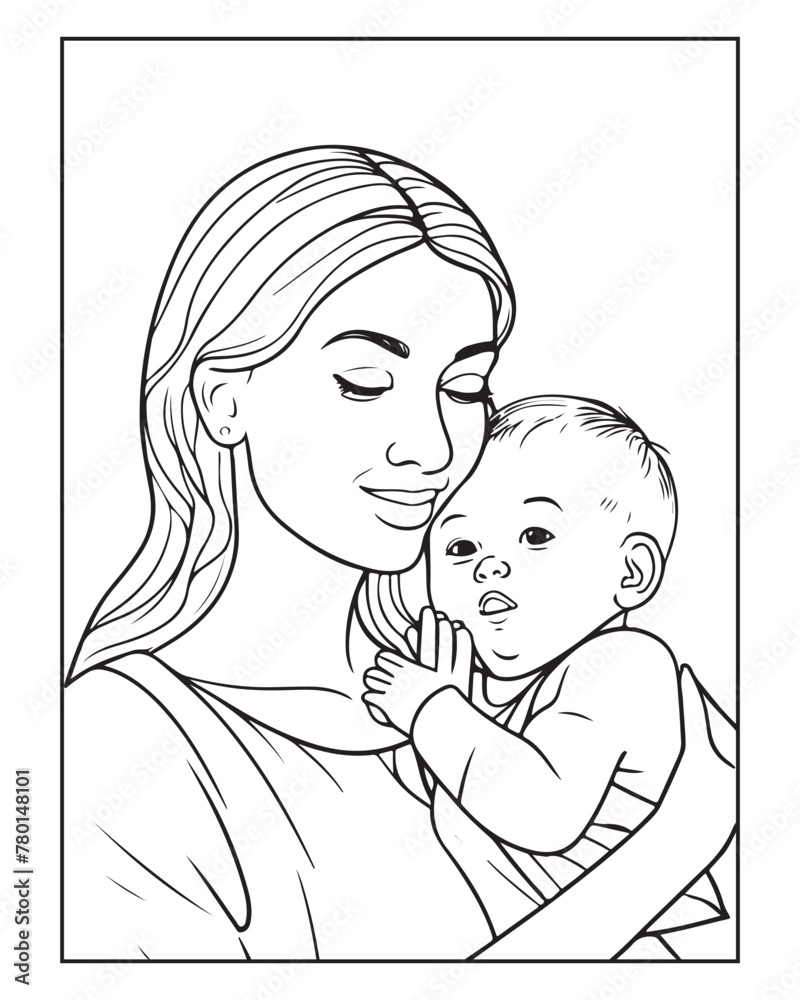 Happy Mother's day coloring page illustrations, Cute kawaii mother holding his child, cartoon character, Mother's day black and white vector Happy Mother's day coloring page illustrations, Cute kawaii mother holding his child, cartoon character, Mother's day black and white vector