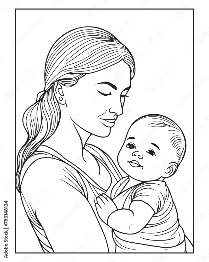 Happy Mother's day coloring page illustrations, Cute kawaii mother holding his child, cartoon character, Mother's day black and white vector Happy Mother's day coloring page illustrations, Cute kawaii mother holding his child, cartoon character, Mother's day black and white vector