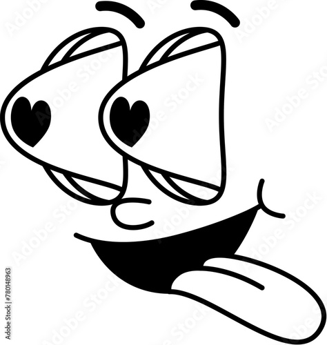 Groovie cartoon face with hearts in eyes and wow tongue out, vector funny comic emotion. Retro groovy face with in love goggle eyes, stare looking emoji or retro doodle line art emoticon character