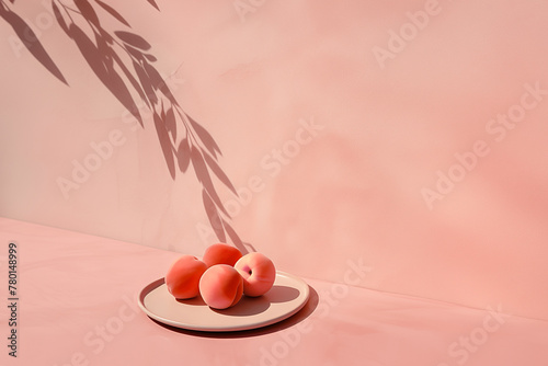 A modern still life featuring peaches on a beige plate, with a botanical shadow cast onto a textured pink wall. A warm color palette has been employed.