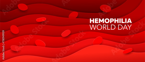 Hemophilia day, red blood paper cut banner background. 3d vector erythrocyte cells on liquid papercut waves. Medical health care awareness symbolizing strength and resilience against bleeding disorder