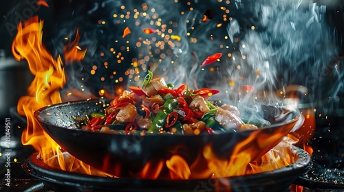 A dynamic freeze motion captures a wok pan with ingredients flying in the air, complemented by fire flames, emphasizing the energy of cooking
