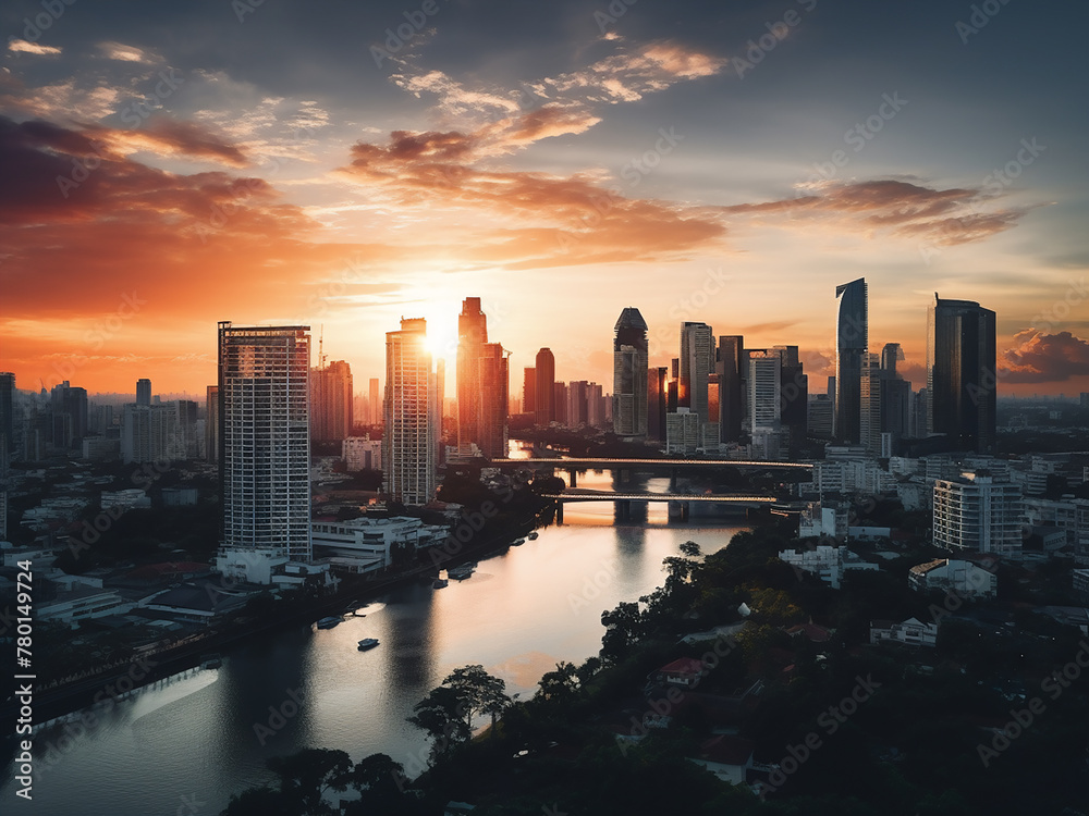 Bangkok's skyline forms a striking silhouette against a sunrise backdrop