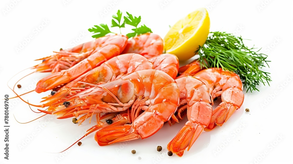 A set of boiled prawns is meticulously isolated against a white background, emphasizing their simplicity and appeal A set of boiled prawns is meticulously isolated against a white background, emphasizing their simplicity and appeal