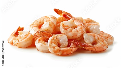 A pile of boiled peeled shrimps is isolated on a white background, highlighting their clean and ready-to-eat state