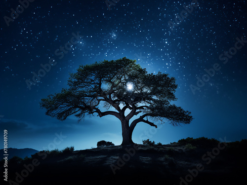 A tree's silhouette stands out against the night sky's dark background