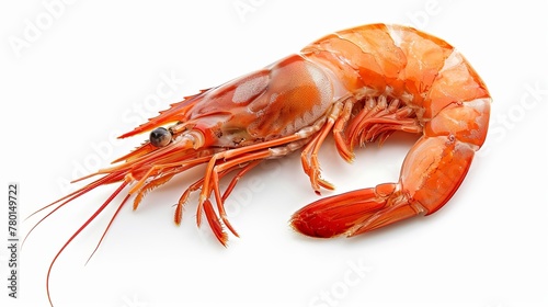 A red cooked prawn or tiger shrimp is meticulously isolated against a white background, serving as an ideal package design element