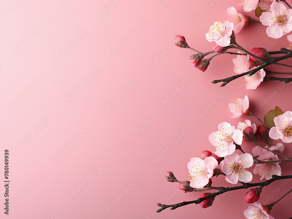 Pink background features macro shots of blossoming apricot branches for spring greetings