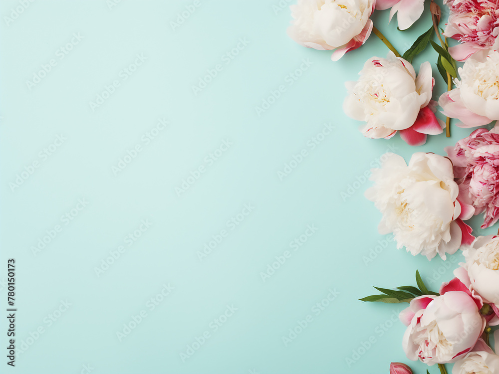 Top-down view captures pink and white peonies on a turquoise background