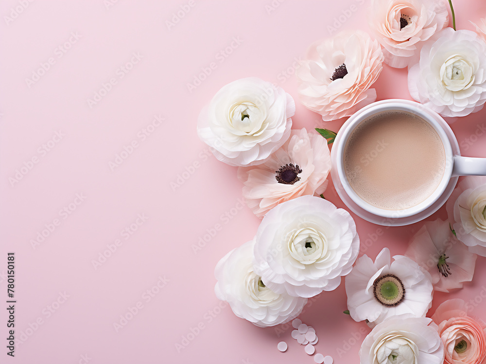 A flat lay composition depicts a morning scene with coffee and flowers