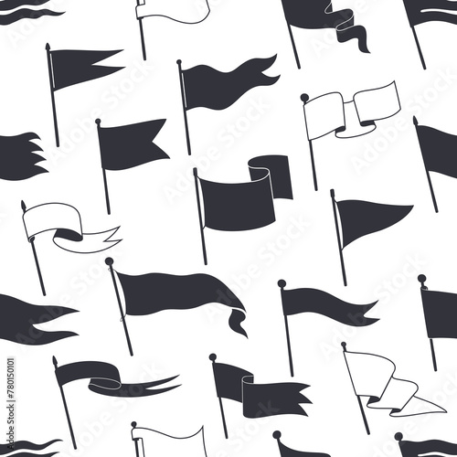 Retro pennants, white and black flags seamless pattern, vector background. Flags or blank banners, triangle and square wavy pennants on flagpole sticks, retro flags on poles in pattern for background