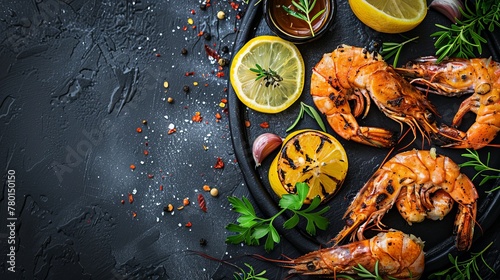 Grilled shrimps or prawns are served with lemon, garlic, and sauce, viewed from above to showcase the seafood delicacy photo