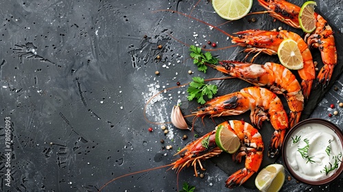 Grilled shrimps or prawns are served with lime, garlic, and white sauce on a dark concrete background, presented in a top view with copy space for a flat lay composition