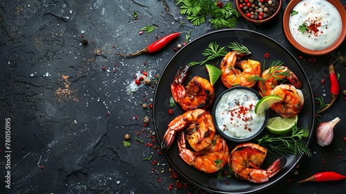 Grilled shrimps or prawns are served with lime, garlic, and white sauce on a dark concrete background, presented in a top view with copy space for a flat lay composition photo