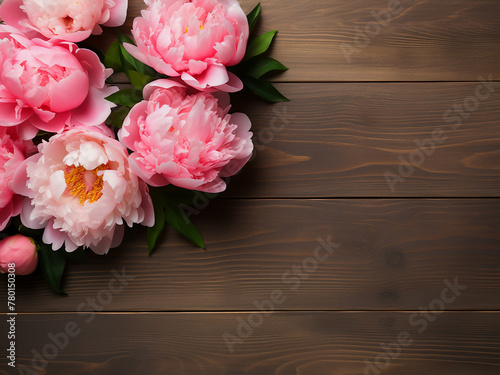 A studio captures peony flowers on a wood-textured tabletop, offering space for text