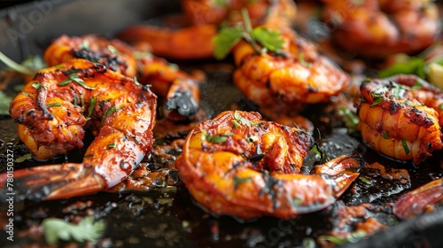 Indian tandoori prawn is spiced with herbs before being grilled in a tandoor, presenting a flavorful dish