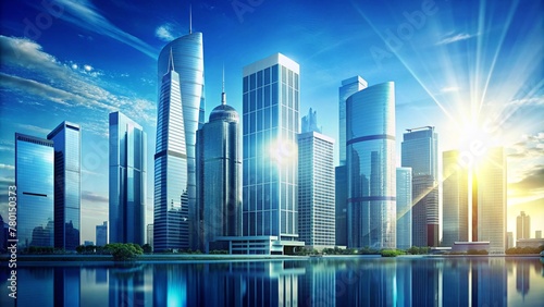 Picture of modern skyscrapers of a smart city, futuristic financial district with buildings and reflections , blue color background for corporate and business template with warm sun rays of light © mamo studios