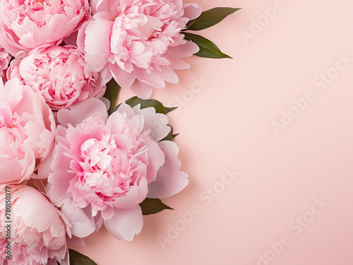 Pink and white peonies border pastel paper in a stylish flat lay