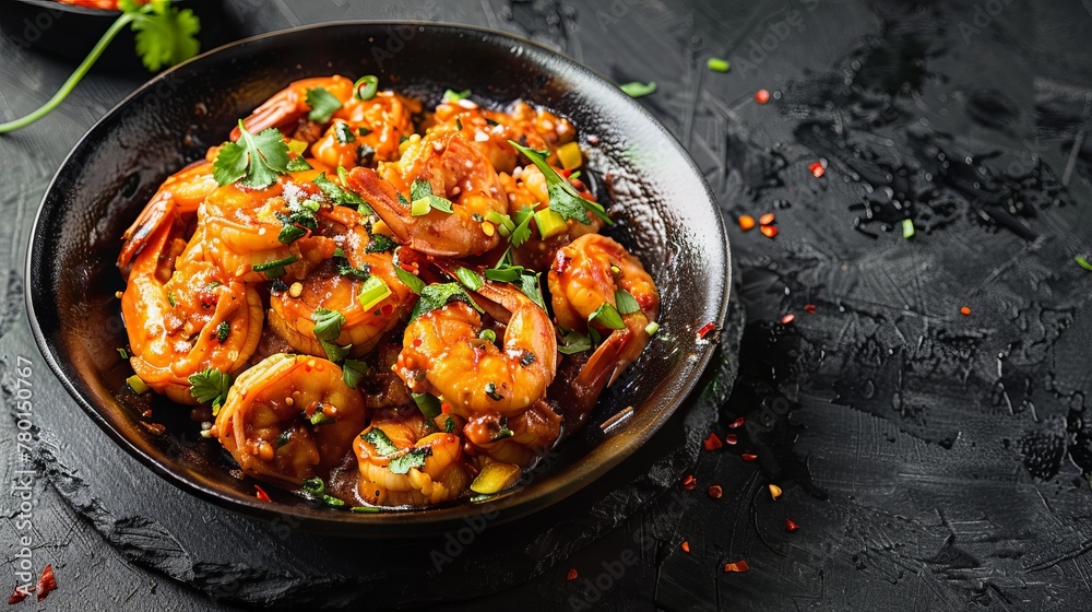 Schezwan Prawns are presented in a black bowl against a dark slate background, highlighting an Indo-Chinese cuisine curry dish flavored with Schezwan sauce - obrazy, fototapety, plakaty 