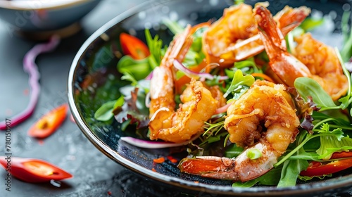 Shrimp tempura and a fresh vegetable salad are closely captured on a plate, presented in a horizontal view from above for a detailed look