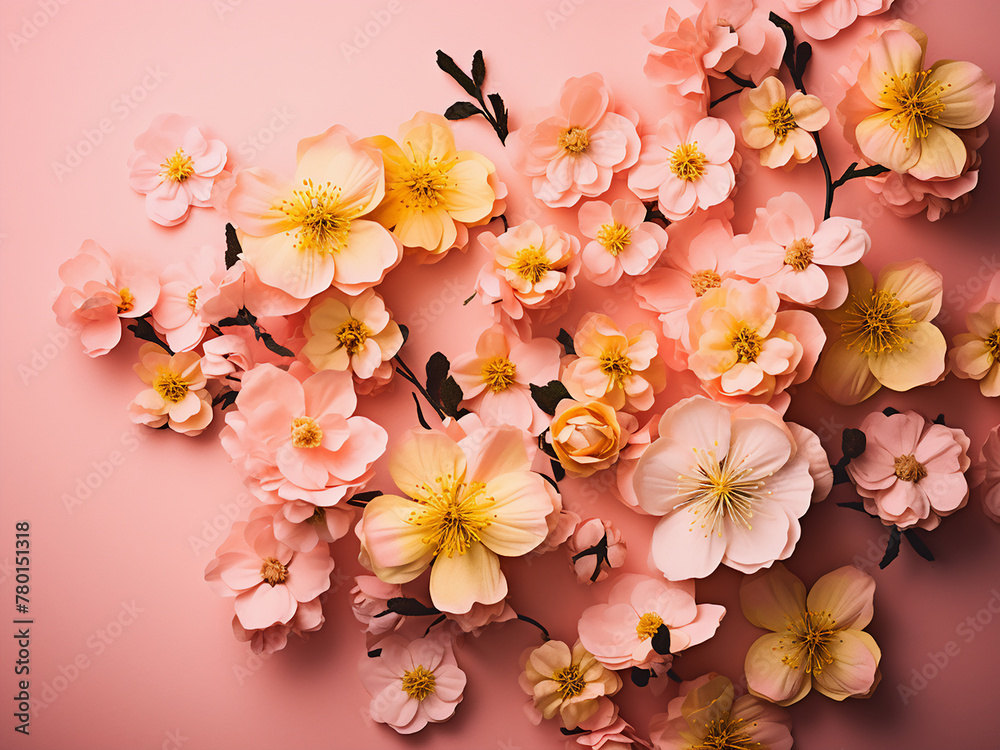 Top-down perspective showcases pink flowers on yellow