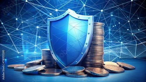 This is a blue guard shield with a pile of coins. The concept represents deposit insurance or financial security. Low poly digital style. Geometric background. Wireframe connection structure. Modern