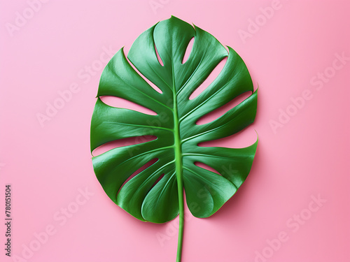 Green tropical leaf showcased on pastel pink background