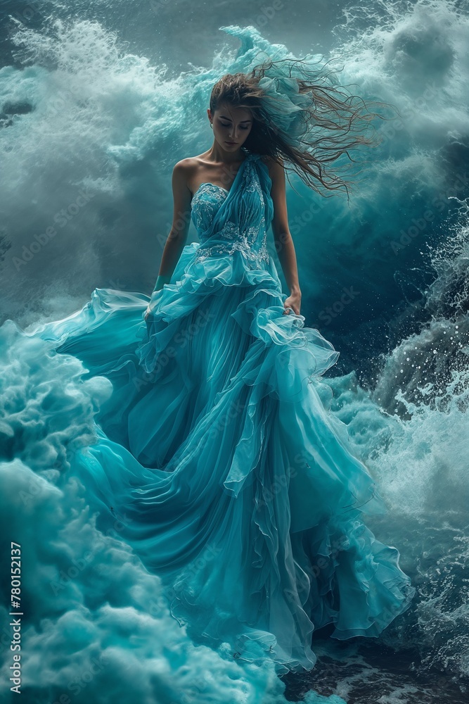 Woman in blue gown amidst turbulent sea waves