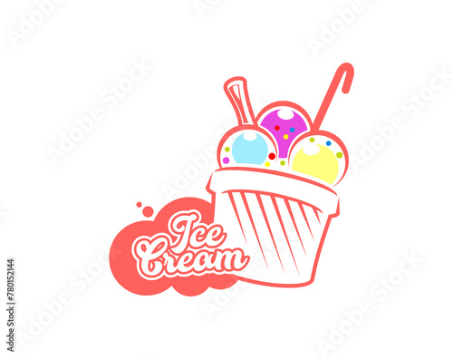 Gelato dessert scoops in cup for ice cream cafe icon or Italian gelateria, vector emblem. Sweet vanilla, fruit or chocolate three scoops of sundae with cookie for gelato ice cream dessert line icon